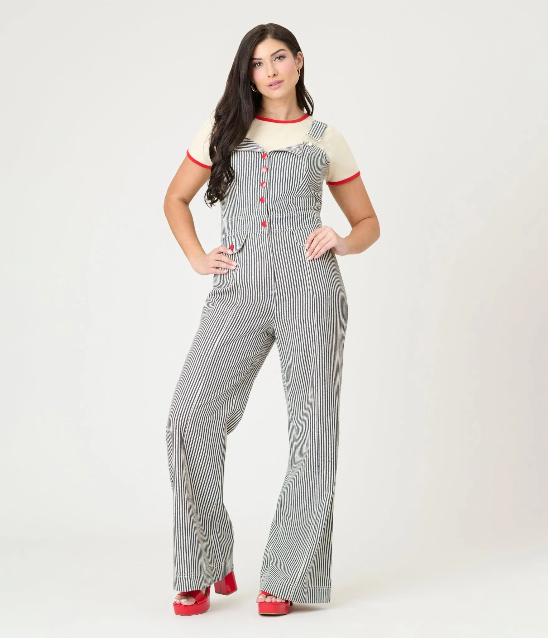 Smak Parlour Navy Railroad Stripes Wide Leg Dungarees sold by Unique Vintage product image thumbnail 3