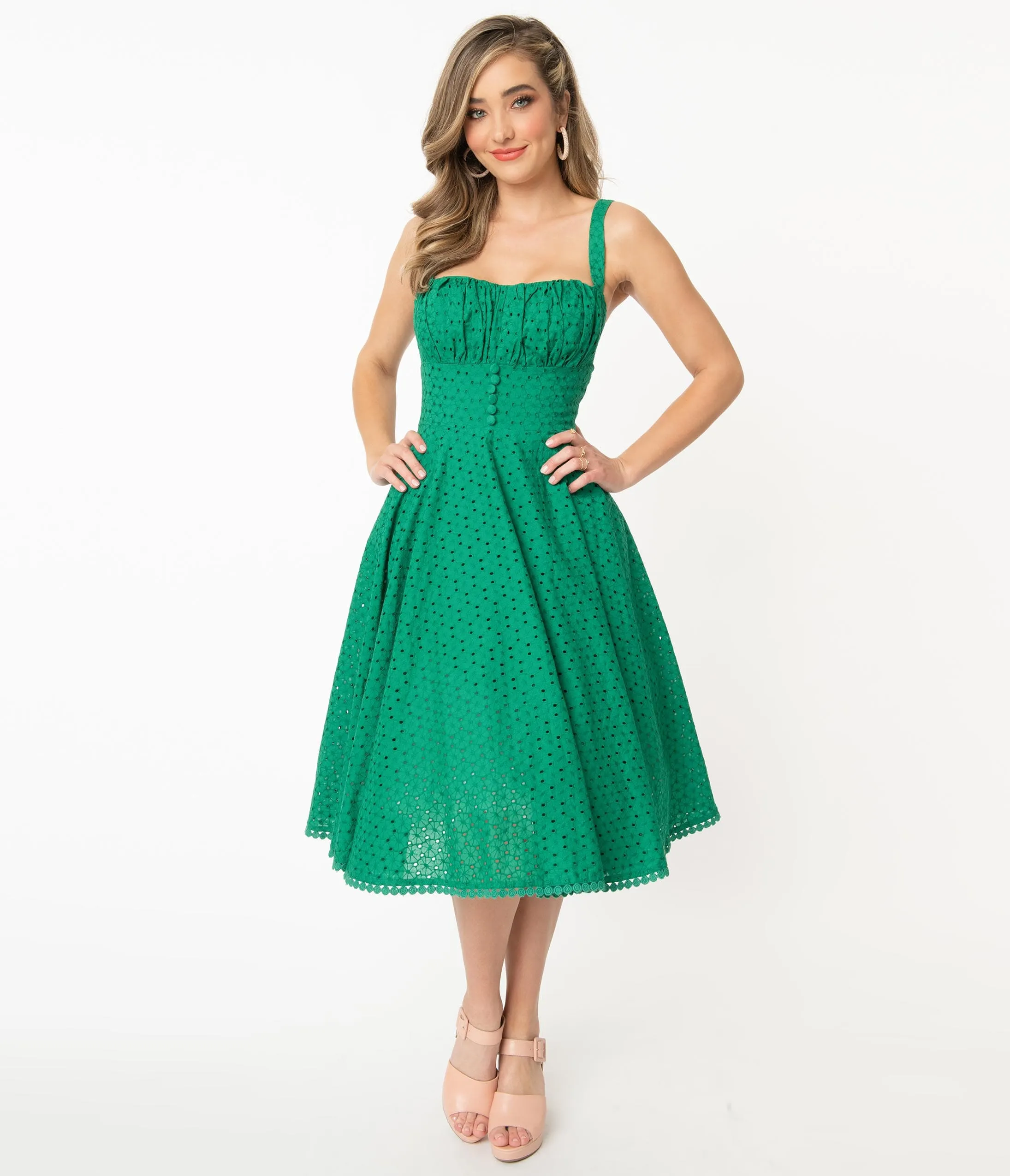 Vintage Style Green Floral Eyelet Valerie Swing Dress sold by Unique Vintage product image thumbnail 4