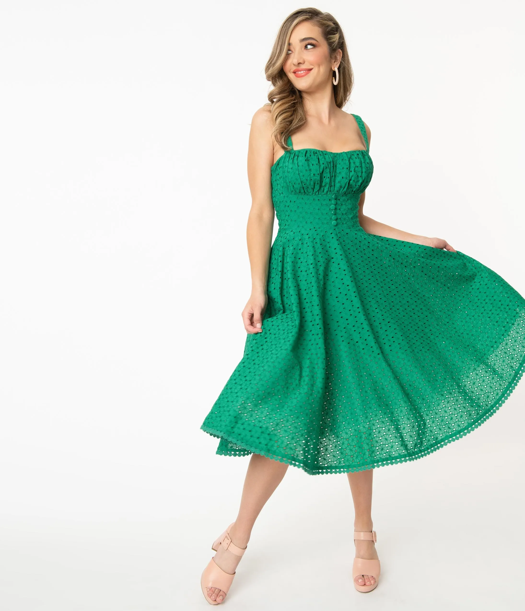 Vintage Style Green Floral Eyelet Valerie Swing Dress sold by Unique Vintage