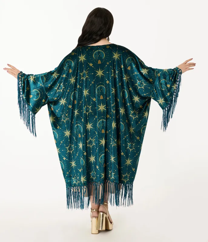 Disney Princess Collection by Unique Vintage Teal & Gold Royal Palace Velvet Fringe Kimono sold by Unique Vintage