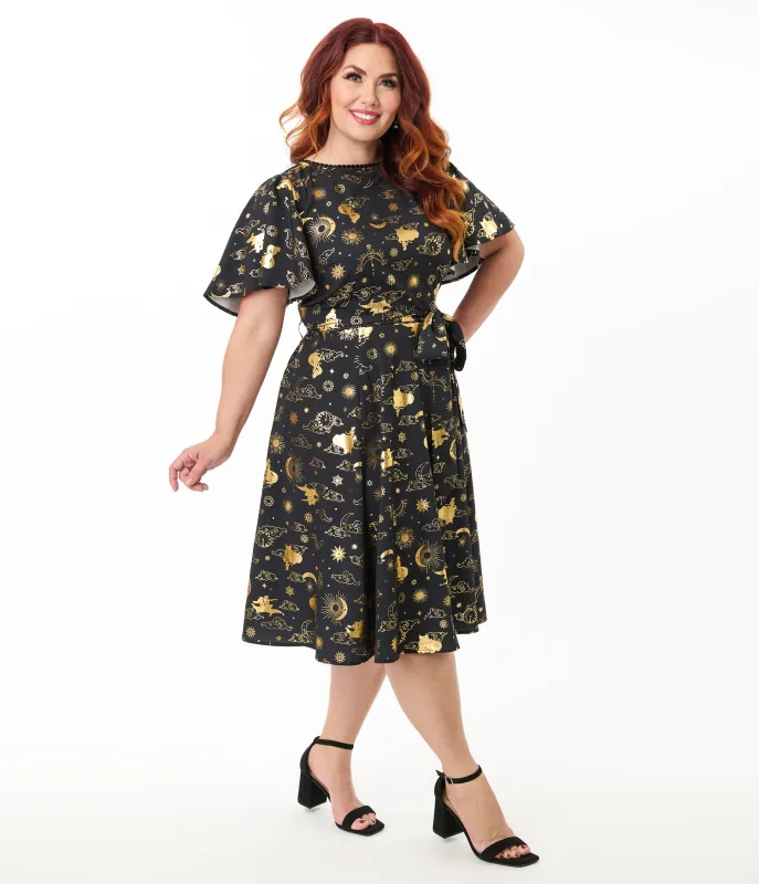 Disney Princess Collection by Unique Vintage Plus Size Gold Princess Celestial Swing Dress sold by Unique Vintage