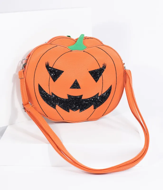 Orange Leatherette Pumpkin Jack O Lantern Crossbody Purse sold by Unique Vintage