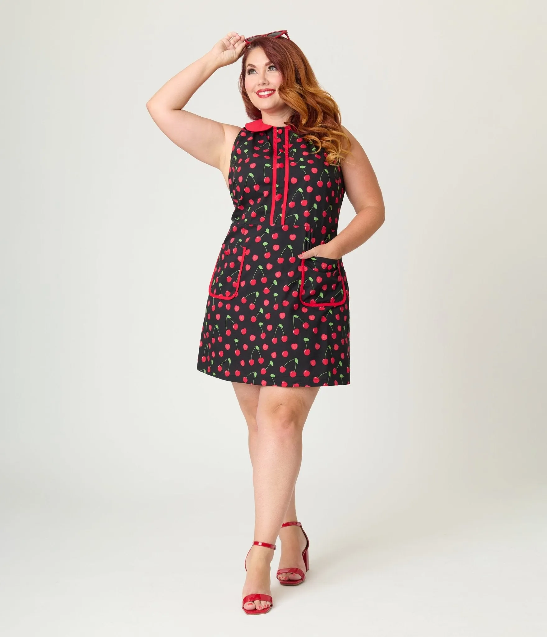 Smak Parlour Plus Size Black & Red Cherry Cotton Shift Dress sold by Unique Vintage