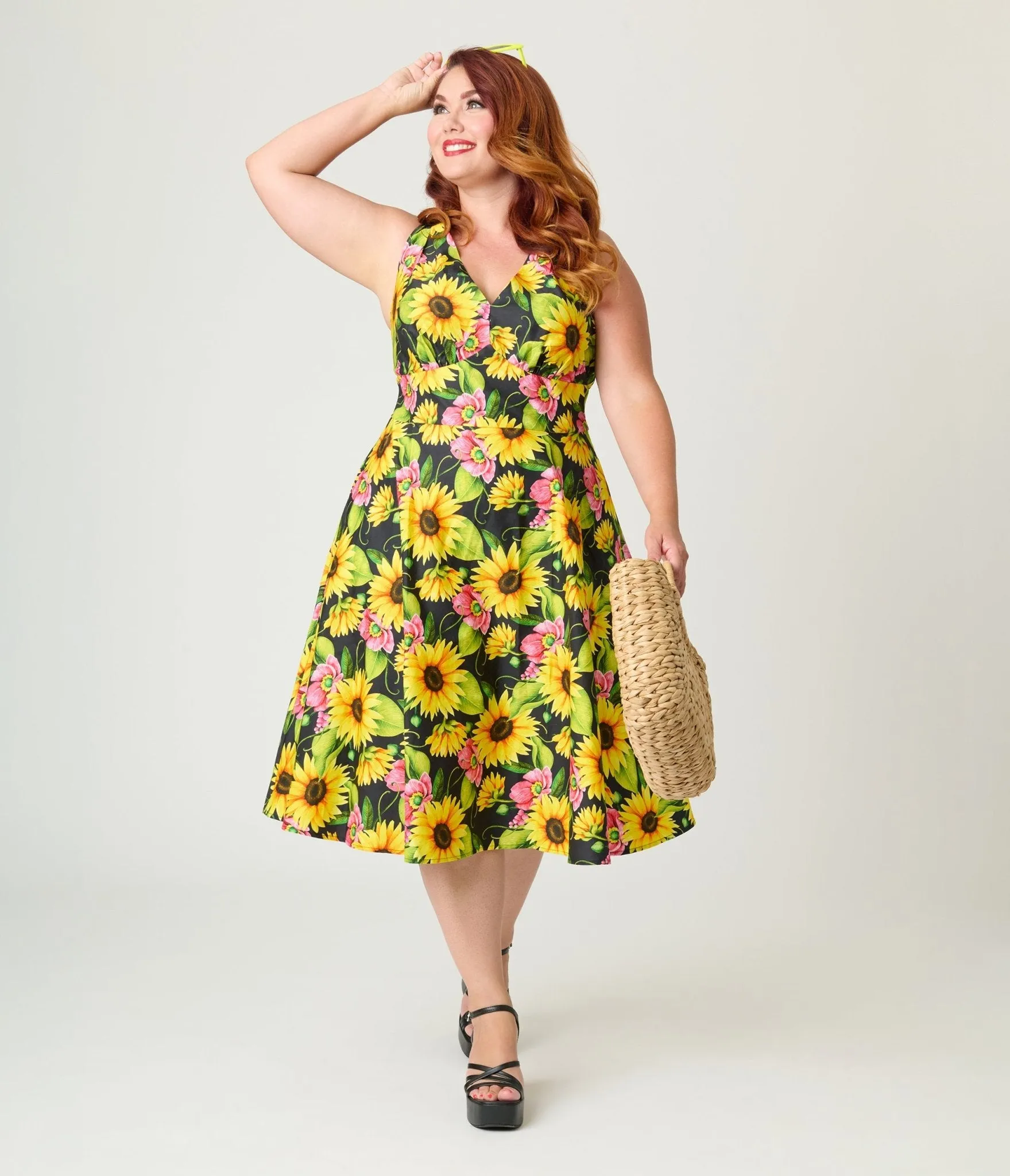 Unique Vintage Plus Size Sunflower Cotton Halter Swing Dress sold by Unique Vintage