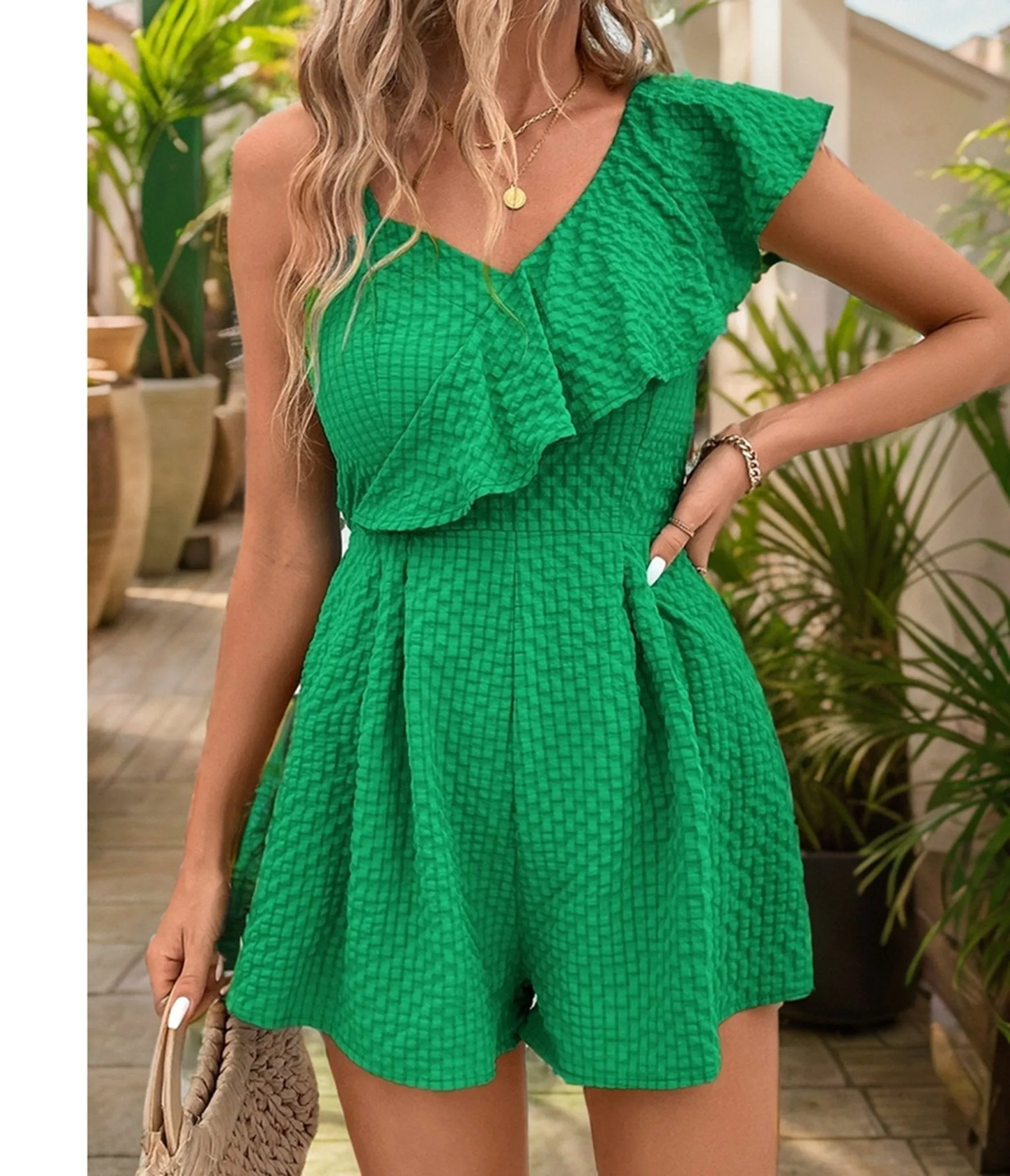Green Sleeveless Ruffle Romper sold by Unique Vintage