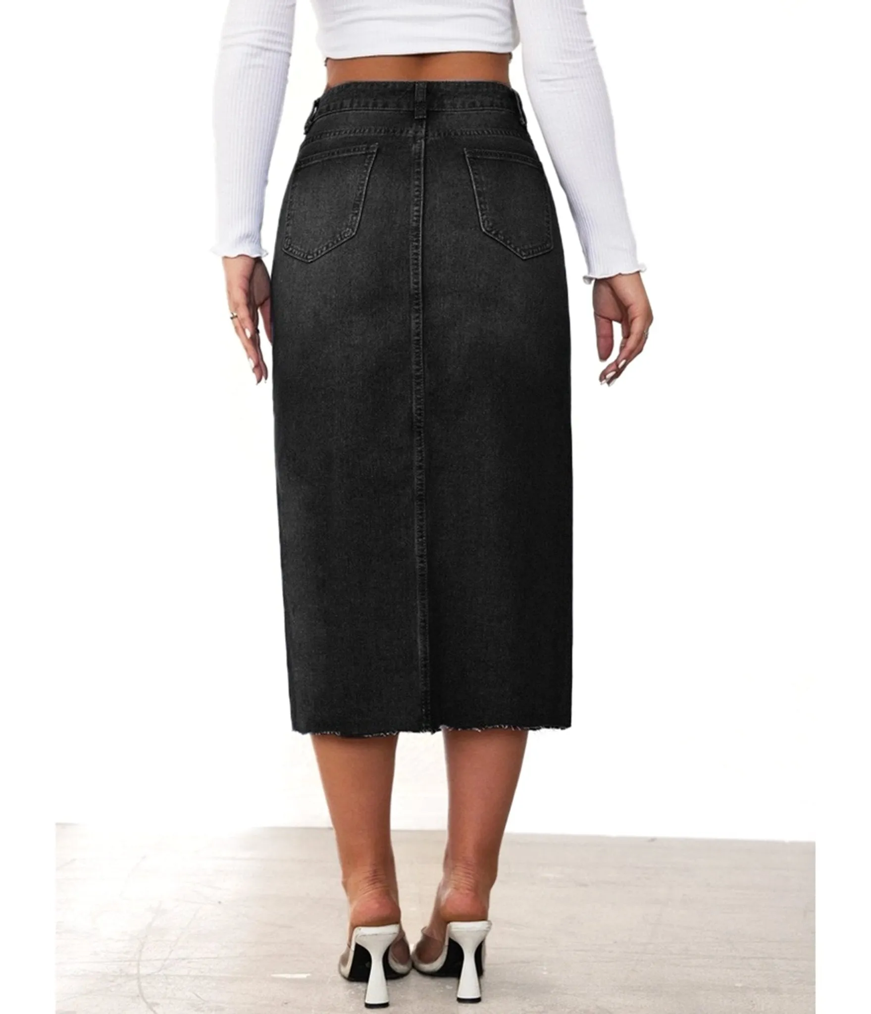 Black Denim Chic Split Midi Skirt sold by Unique Vintage product image thumbnail 2