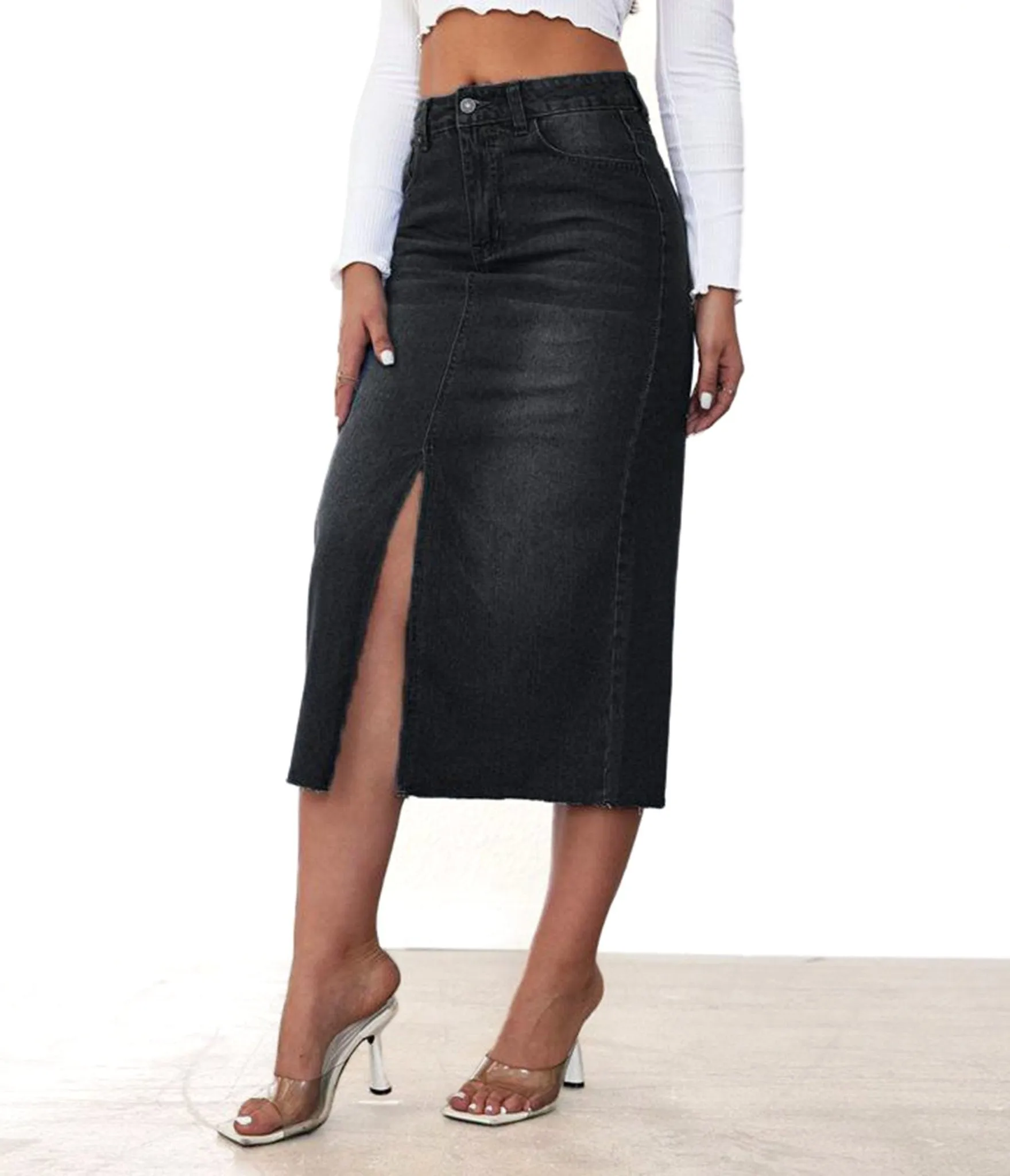 Black Denim Chic Split Midi Skirt sold by Unique Vintage product image thumbnail 3