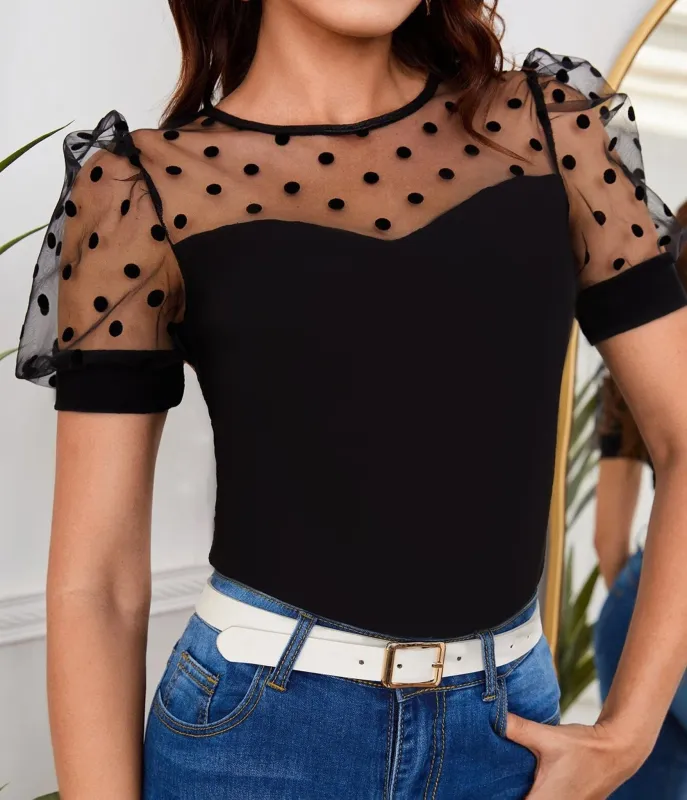 Black Polka Dot Sheer Splicing Top sold by Unique Vintage