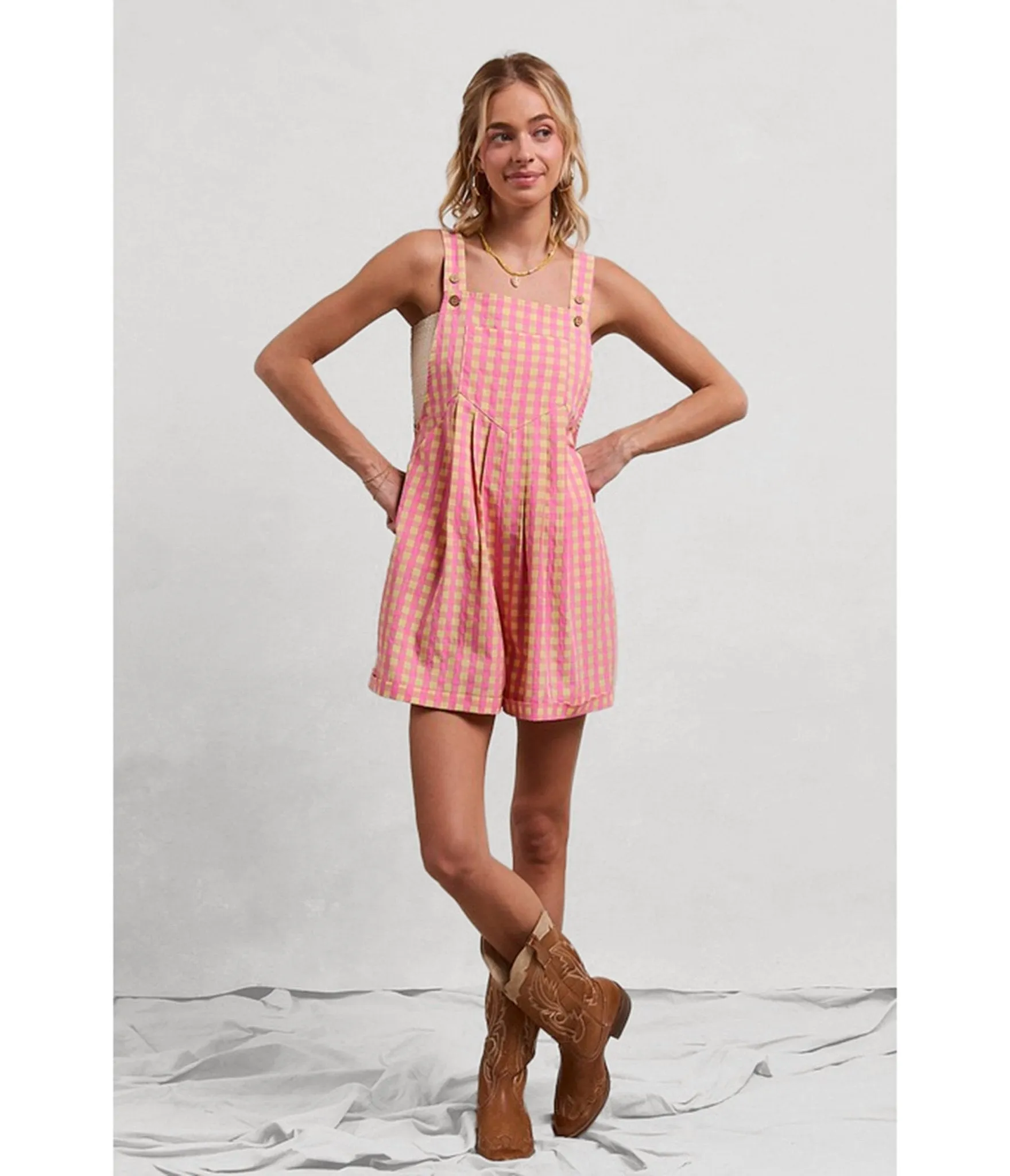 Pink Gingham Textured Romper sold by Unique Vintage