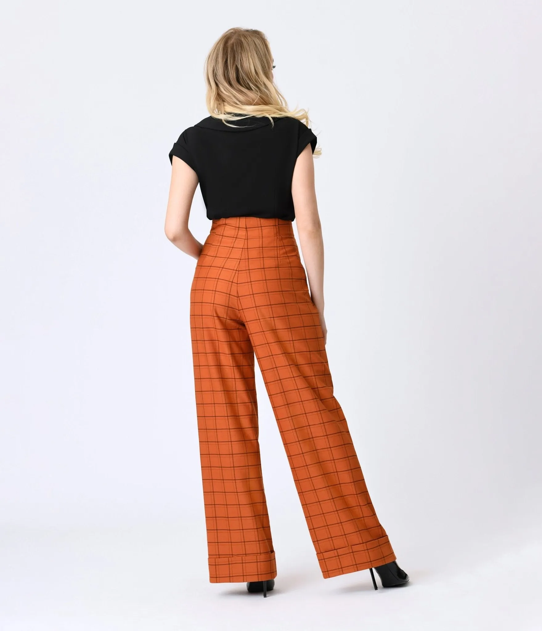 Unique Vintage Orange Windowpane Buttoned Wide Leg Trousers sold by Unique Vintage product image thumbnail 5