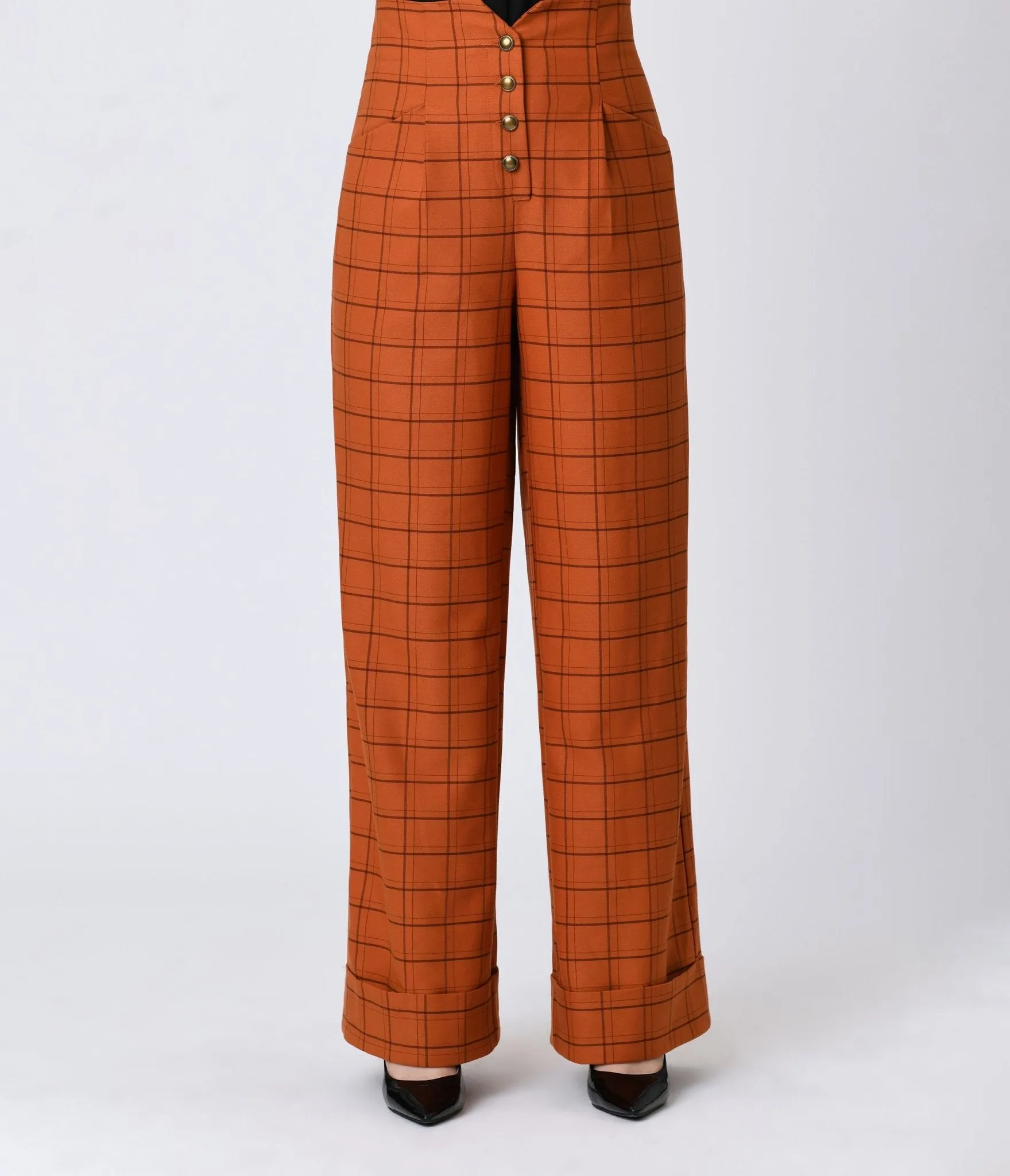 Unique Vintage Orange Windowpane Buttoned Wide Leg Trousers sold by Unique Vintage product image thumbnail 2