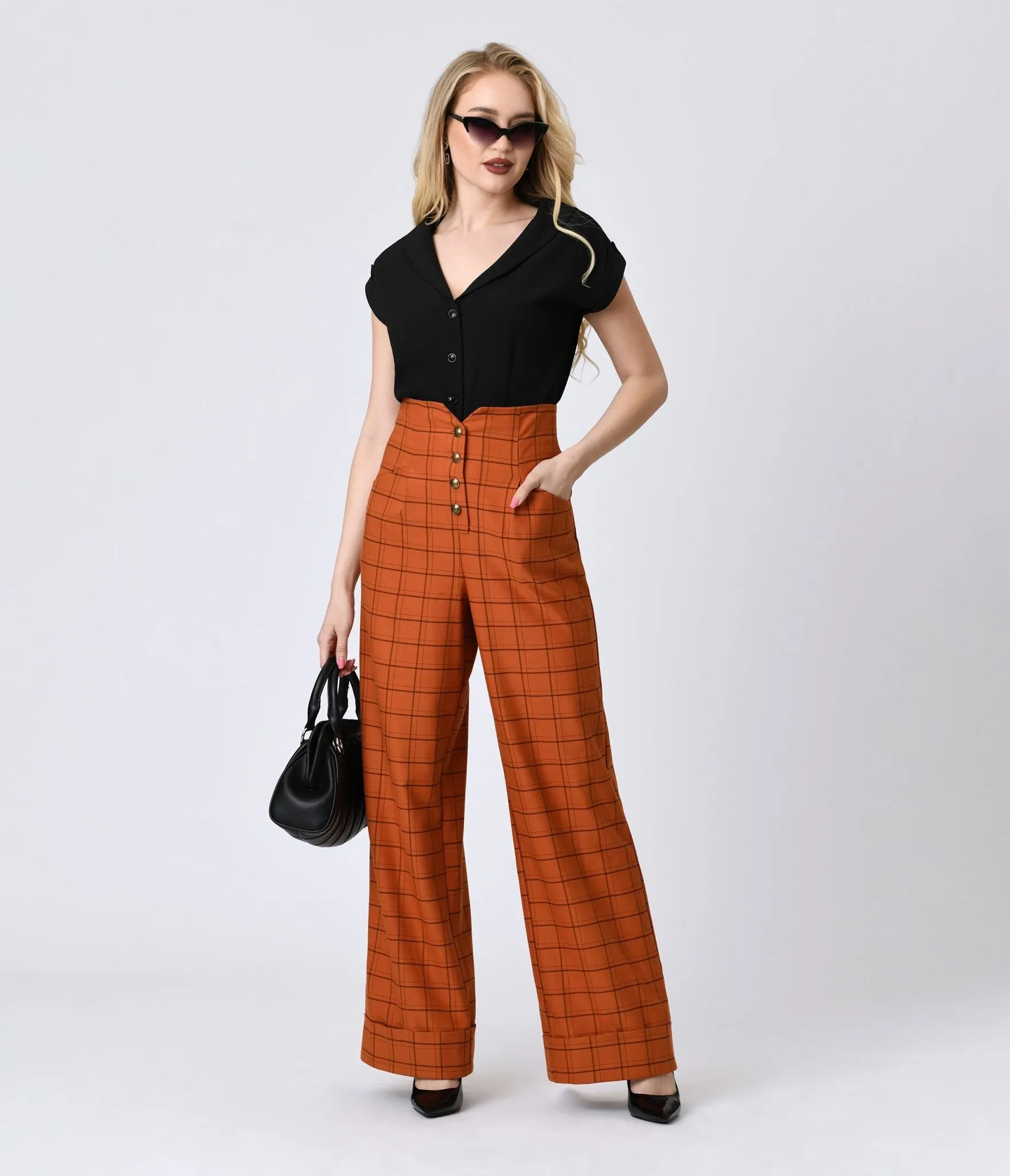 Unique Vintage Orange Windowpane Buttoned Wide Leg Trousers sold by Unique Vintage product image thumbnail 3