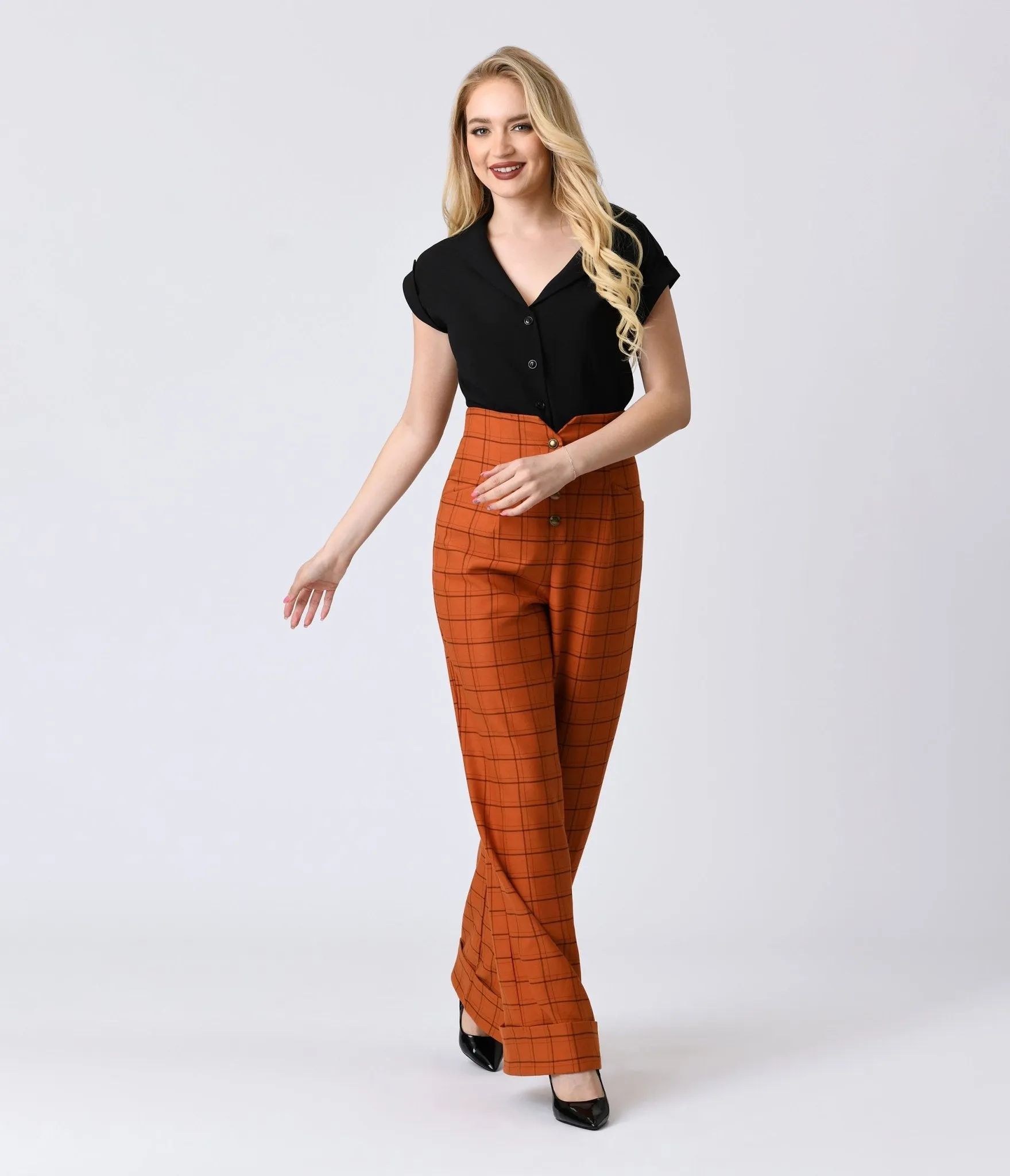 Unique Vintage Orange Windowpane Buttoned Wide Leg Trousers sold by Unique Vintage product image thumbnail 4