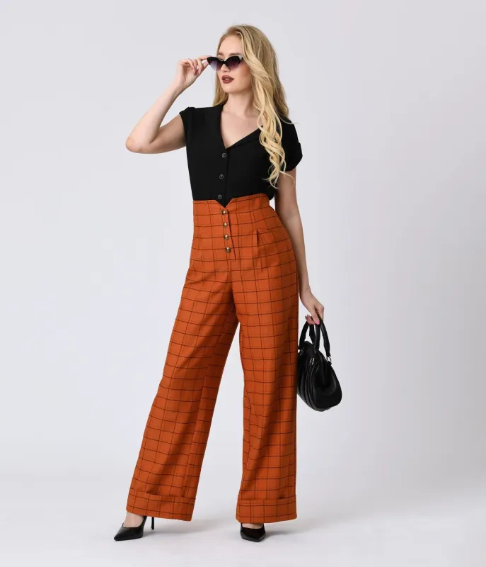 Unique Vintage Orange Windowpane Buttoned Wide Leg Trousers sold by Unique Vintage