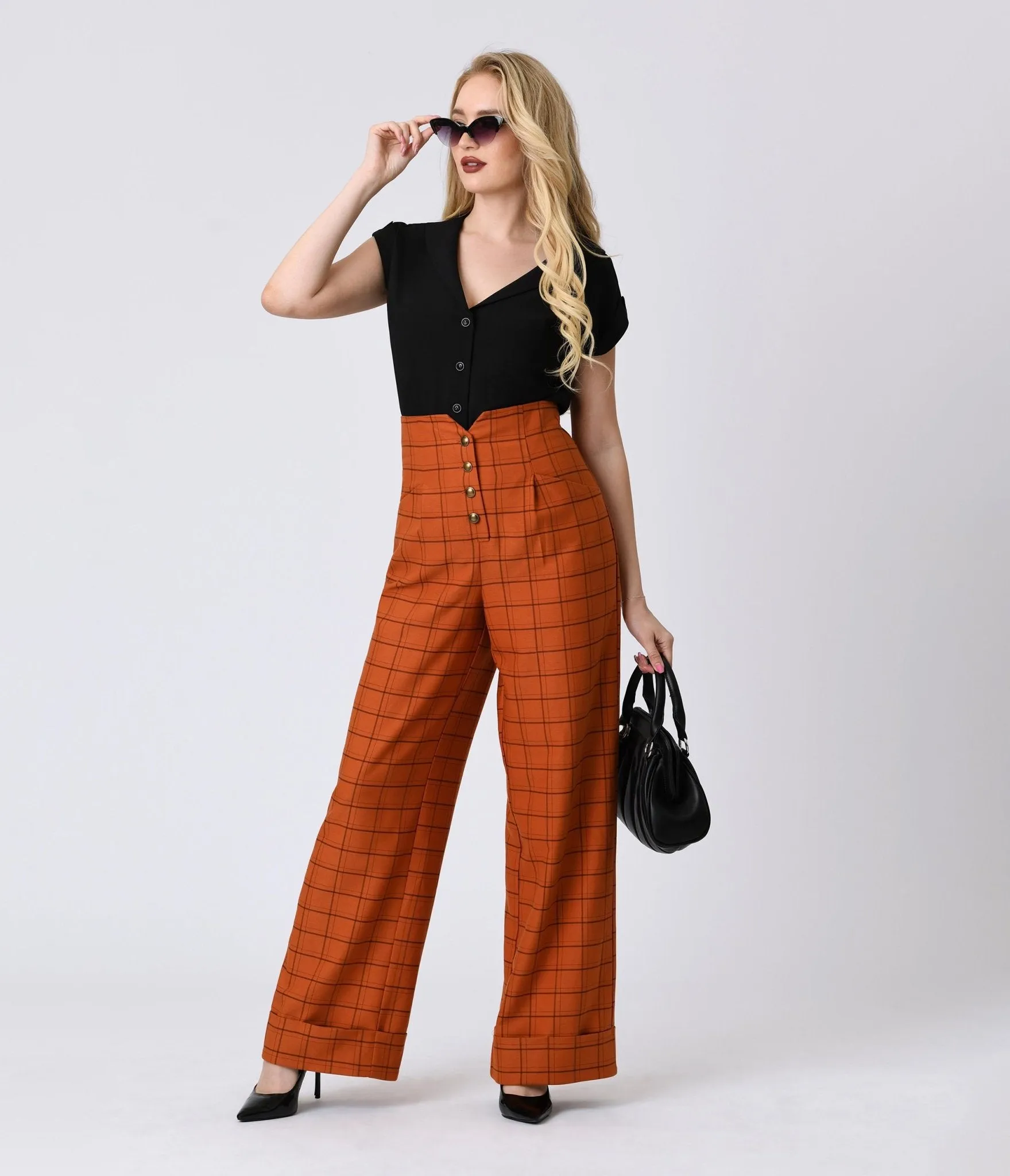 Unique Vintage Orange Windowpane Buttoned Wide Leg Trousers sold by Unique Vintage