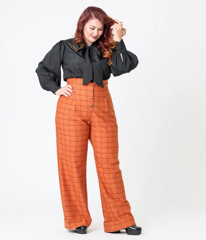 Unique Vintage Plus Size Orange Windowpane Buttoned Wide Leg Trousers sold by Unique Vintage