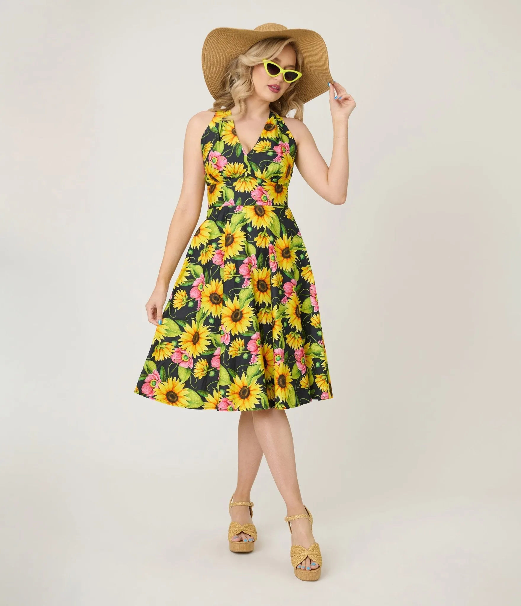 Unique Vintage Sunflower Cotton Halter Swing Dress sold by Unique Vintage