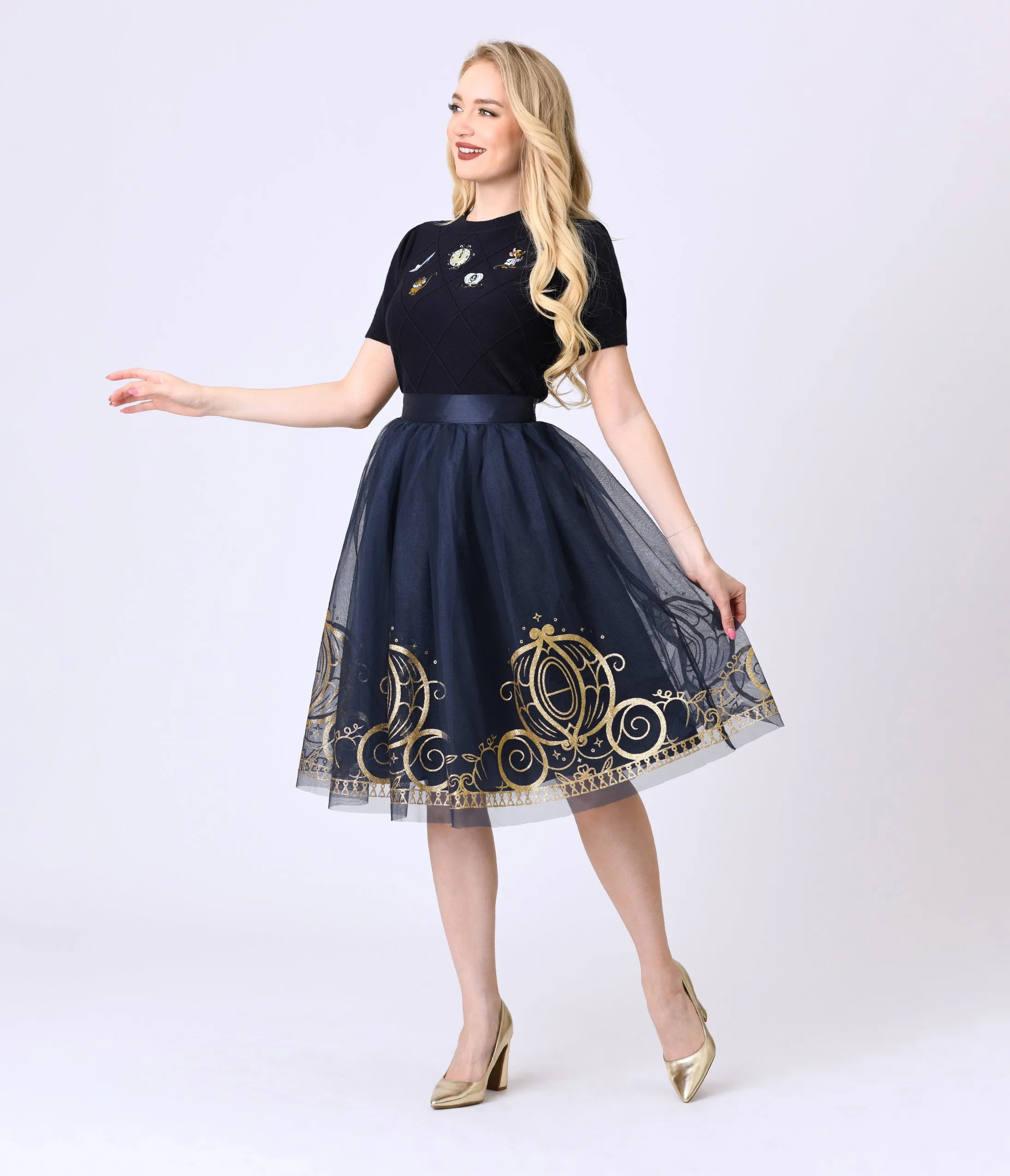 Disney's Cinderella Collection by Unique Vintage Navy Flocked Tulle & Gold Glitter Cinderella Carriage Ballerina Skirt sold by Unique Vintage product image thumbnail 5