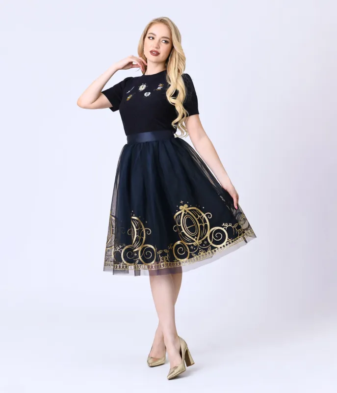 Disney's Cinderella Collection by Unique Vintage Navy Flocked Tulle & Gold Glitter Cinderella Carriage Ballerina Skirt sold by Unique Vintage