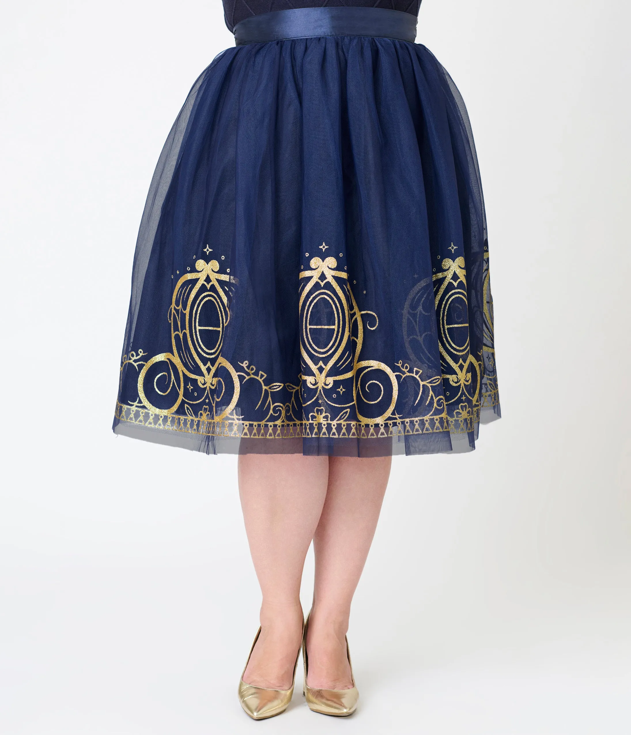 Disney's Cinderella Collection by Unique Vintage Plus Size Navy Flocked Tulle & Gold Glitter Cinderella Carriage Ballerina Skirt sold by Unique Vintage product image thumbnail 2