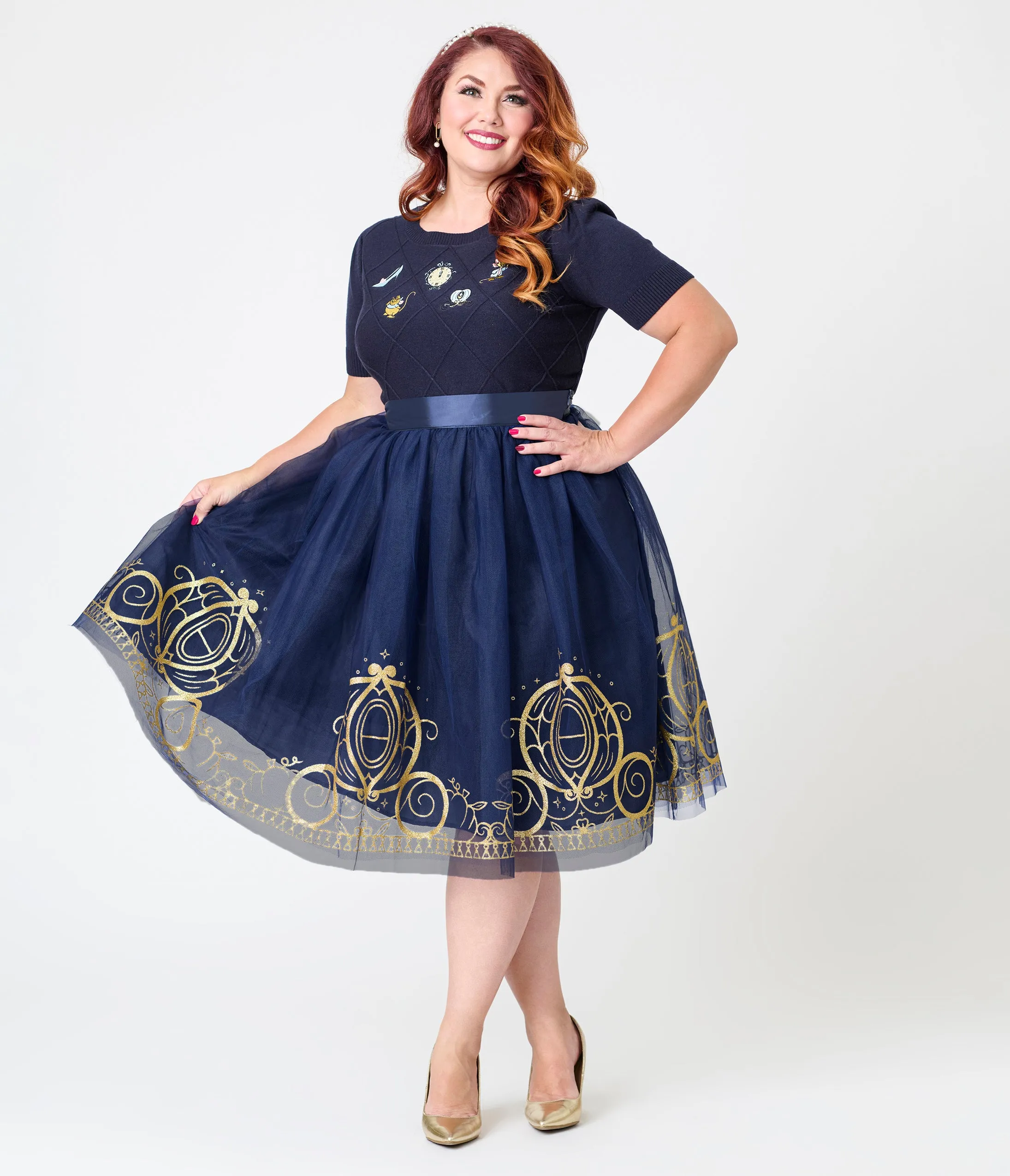 Disney's Cinderella Collection by Unique Vintage Plus Size Navy Flocked Tulle & Gold Glitter Cinderella Carriage Ballerina Skirt sold by Unique Vintage product image thumbnail 4