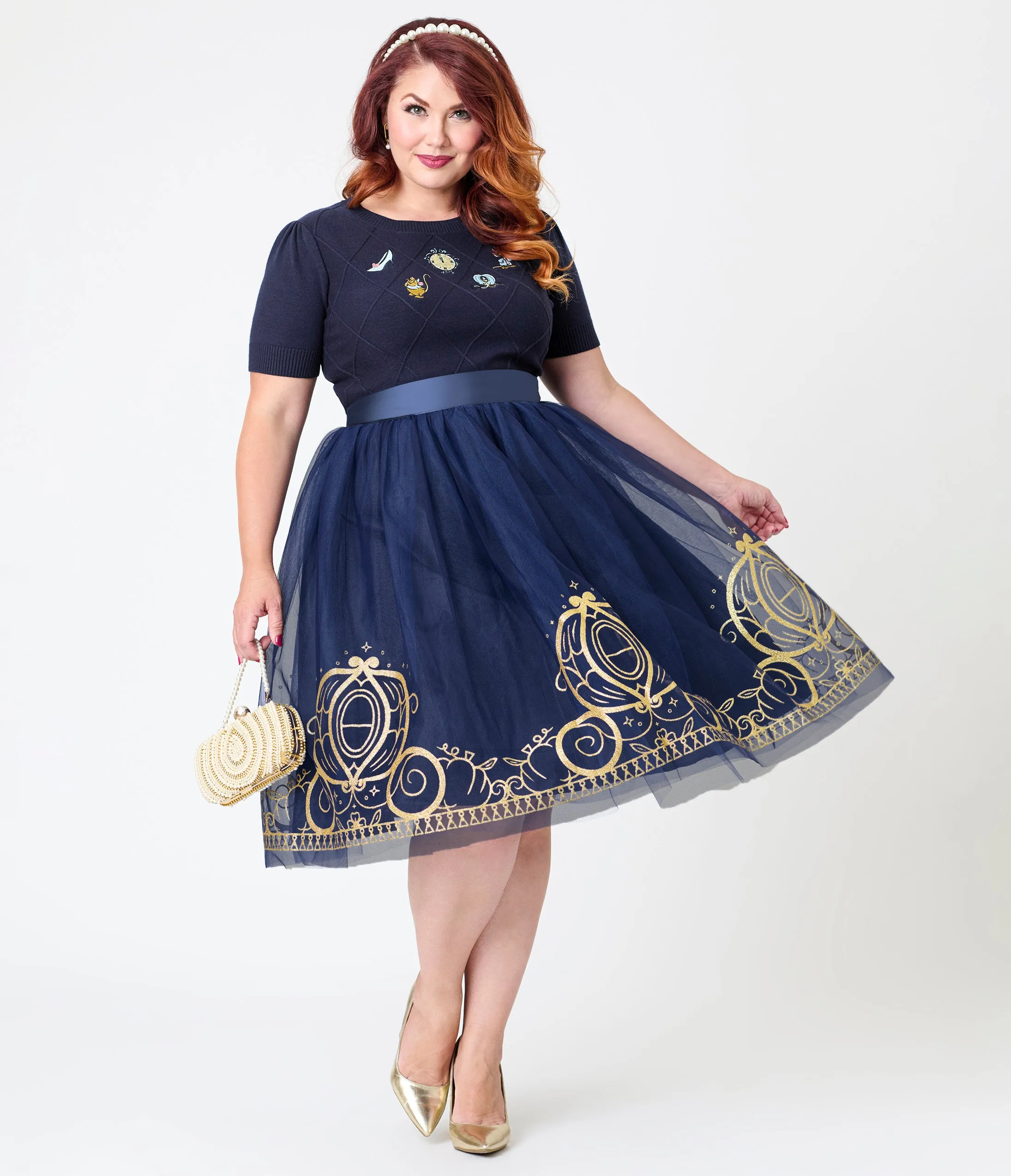 Disney's Cinderella Collection by Unique Vintage Plus Size Navy Flocked Tulle & Gold Glitter Cinderella Carriage Ballerina Skirt sold by Unique Vintage