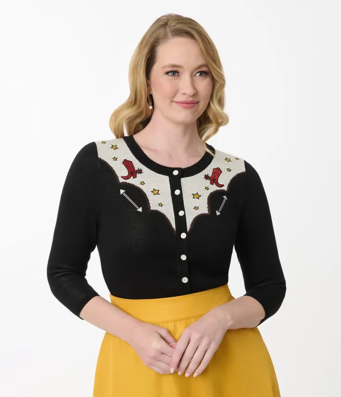 Disney Pixar Toy Story Collection by Unique Vintage Black & Ivory Woody's Cowboy Boot Embroidered Cardigan sold by Unique Vintage
