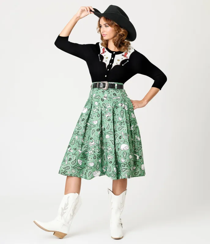 Disney Pixar Toy Story Collection by Unique Vintage Sage Green Woody & Jessie Bandana Print Midi Skirt sold by Unique Vintage