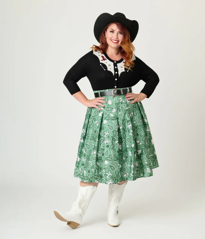 Disney Pixar Toy Story Collection by Unique Vintage Plus Size Sage Green Woody & Jessie Bandana Print Midi Skirt sold by Unique Vintage