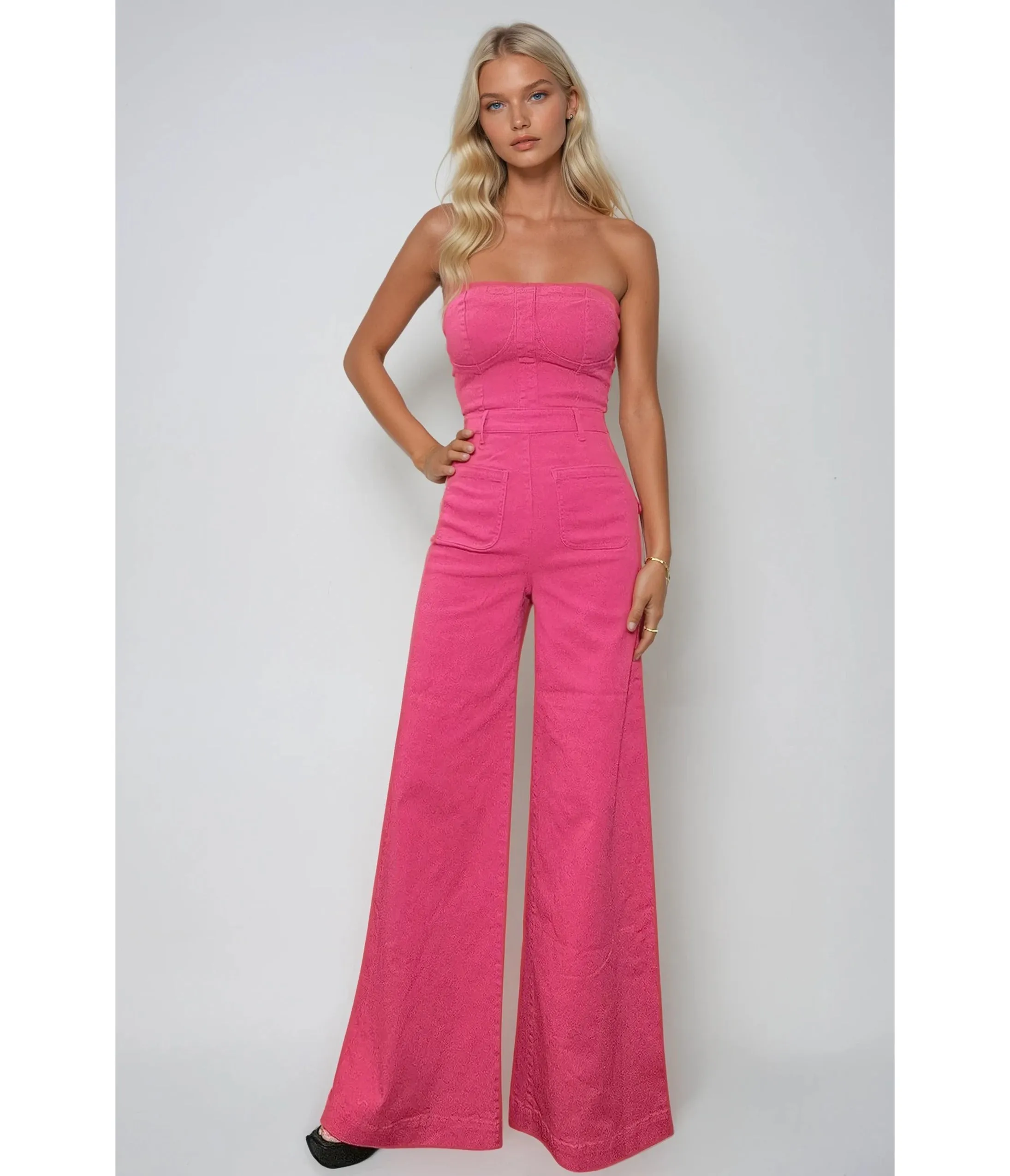 Hot Pink Denim Strapless Wide Leg Jumpsuit sold by Unique Vintage