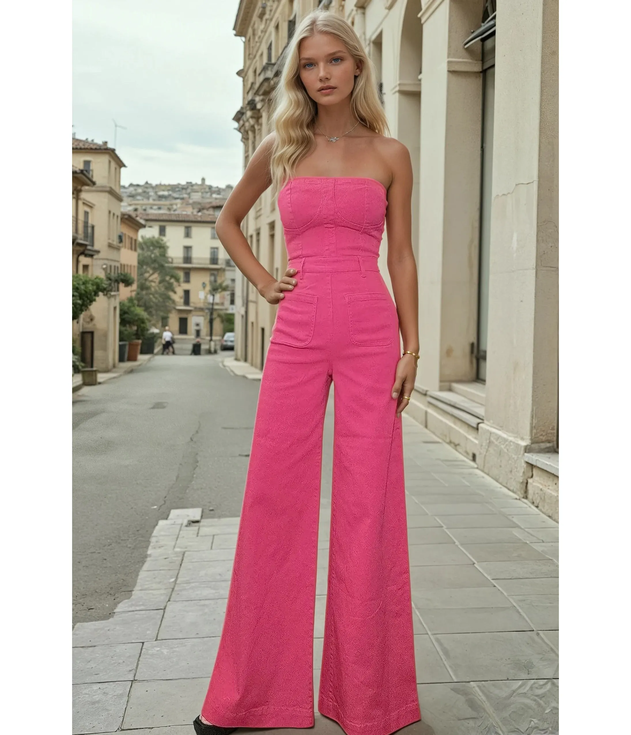 Hot Pink Denim Strapless Wide Leg Jumpsuit sold by Unique Vintage product image thumbnail 2