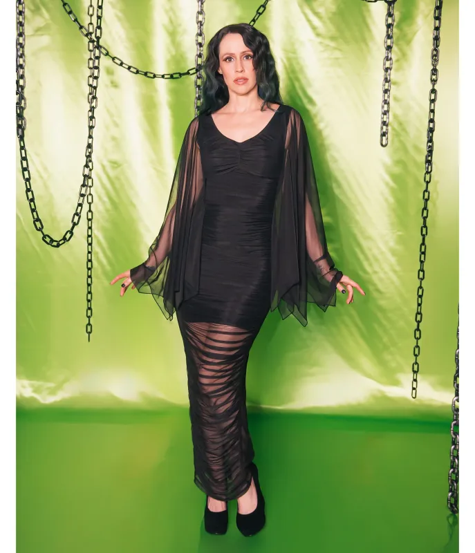 Weasel Wear Black Ruched Chiffon Heather Maxi Dress sold by Unique Vintage