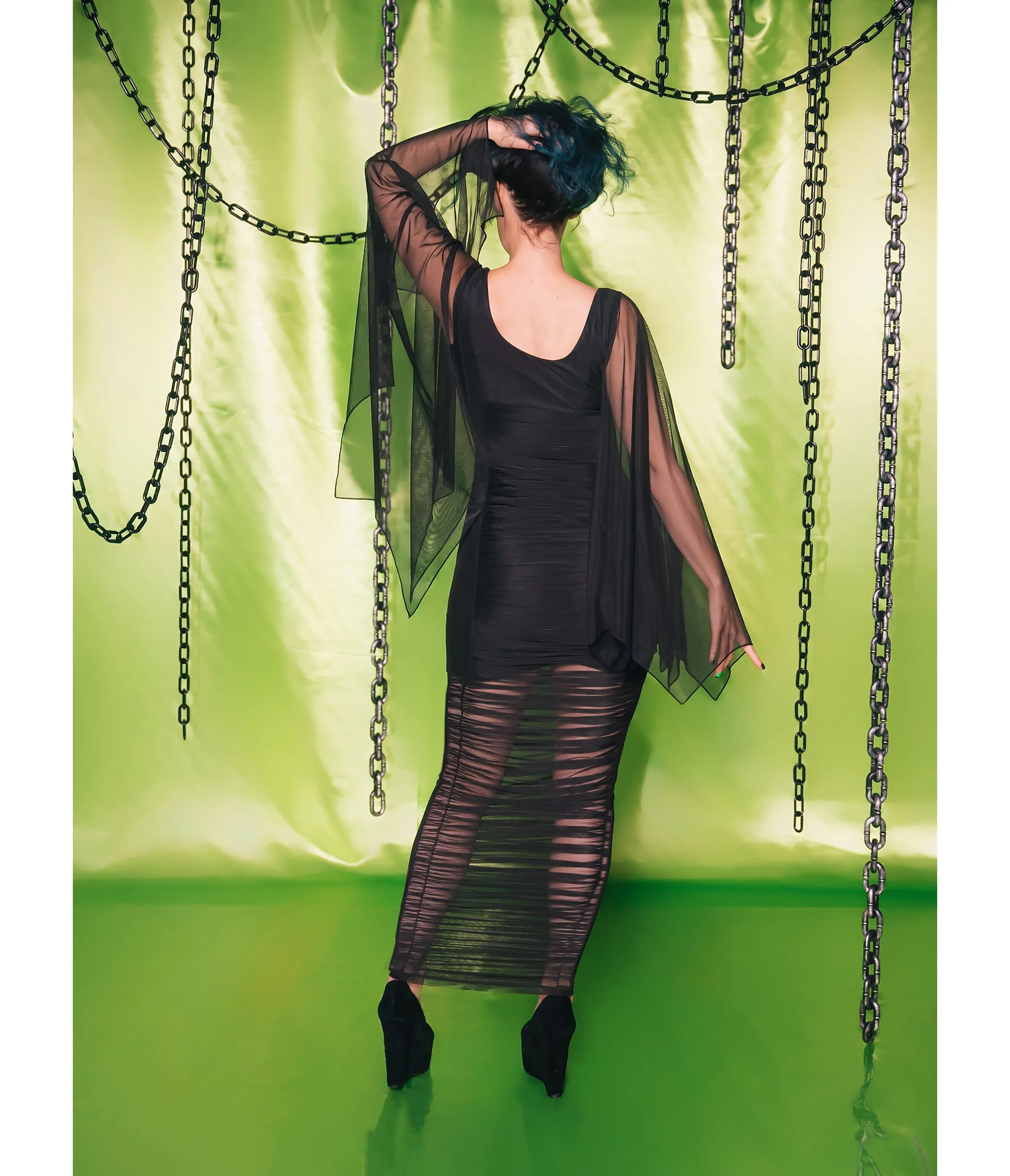 Weasel Wear Black Ruched Chiffon Heather Maxi Dress sold by Unique Vintage product image thumbnail 2