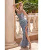 Cinderella Divine  Smoky Blue Sequin Beaded High Slit Fitted Prom Gown sold by Unique Vintage