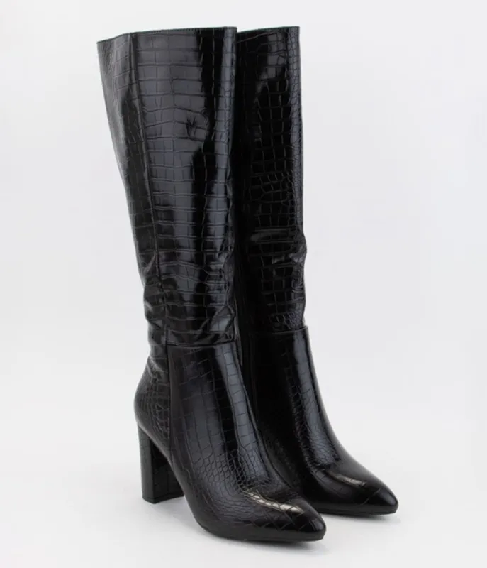 Black Patent Leatherette Crocodile Knee High Boots sold by Unique Vintage