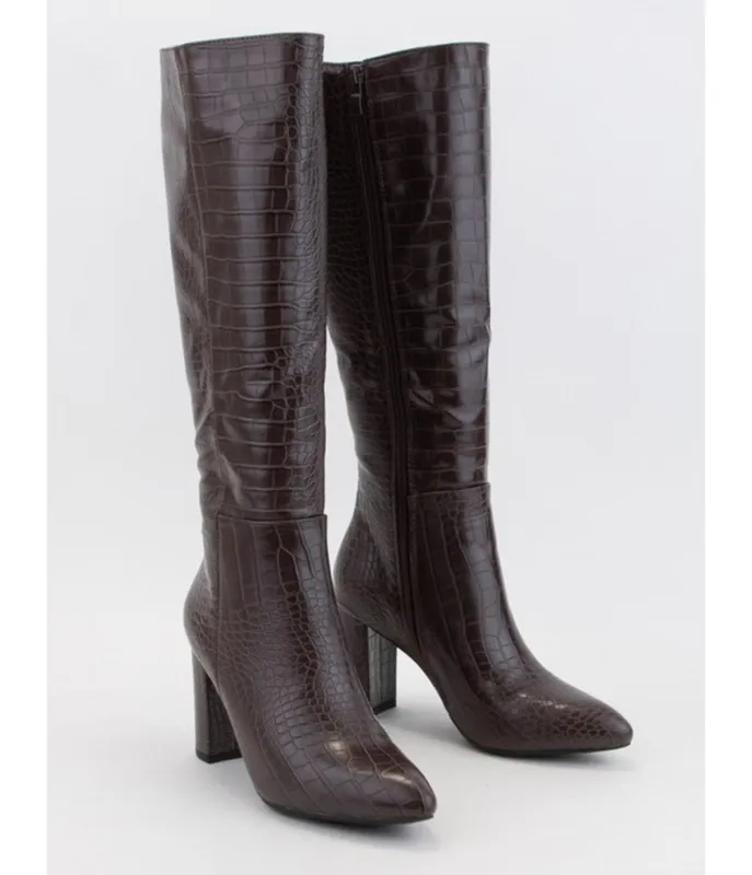 Brown Patent Leatherette Crocodile Knee High Boots sold by Unique Vintage