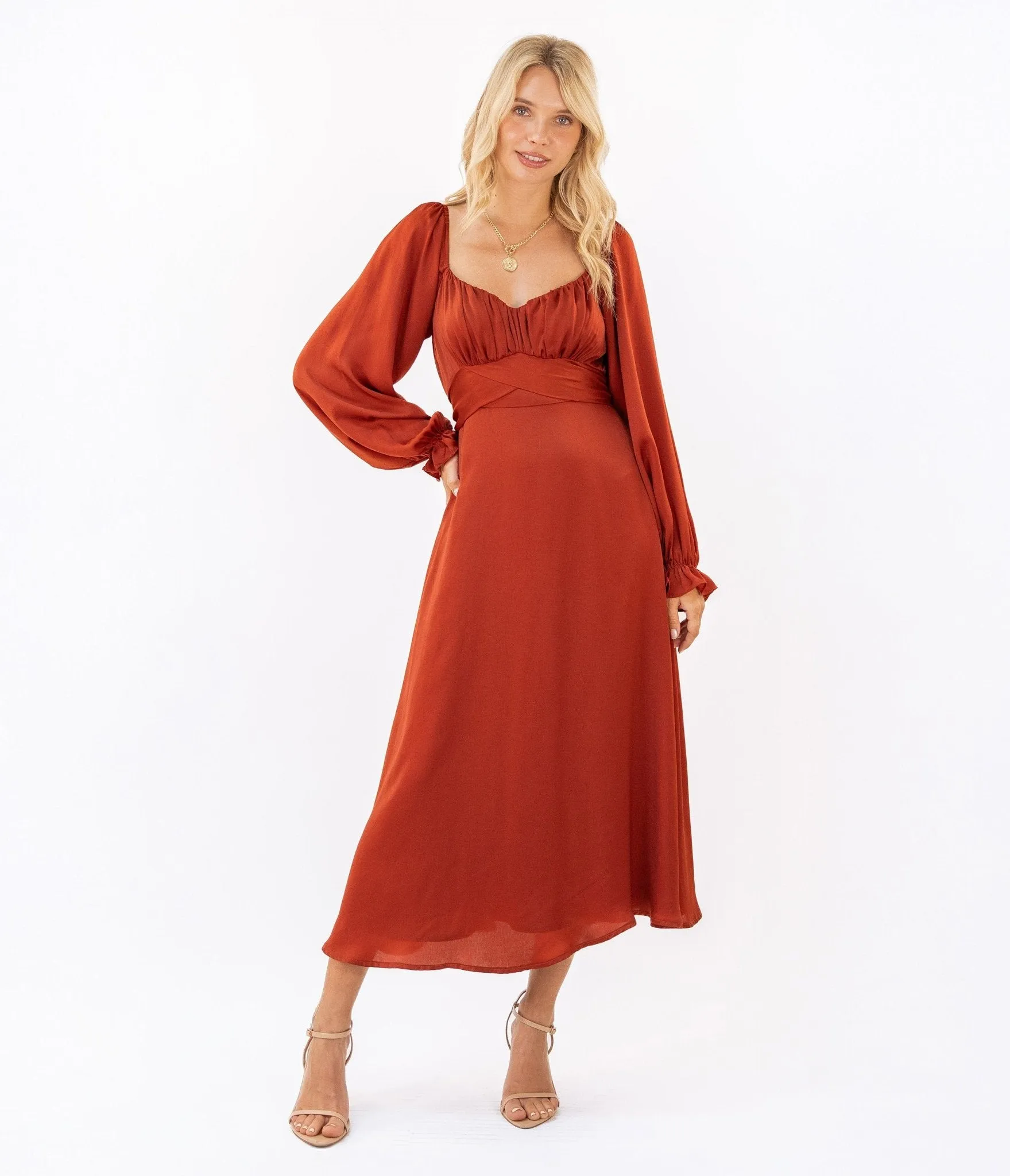 Brick Red Long Sleeve Midi Dress sold by Unique Vintage