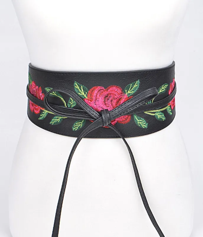 Black Leatherette Floral Tie Belt sold by Unique Vintage