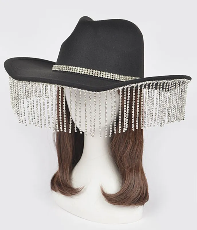 Black Rhinestone Fringe Cowboy Hat sold by Unique Vintage