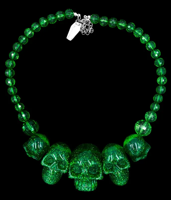 Green Glitter Multi Skull Beaded Necklace sold by Unique Vintage