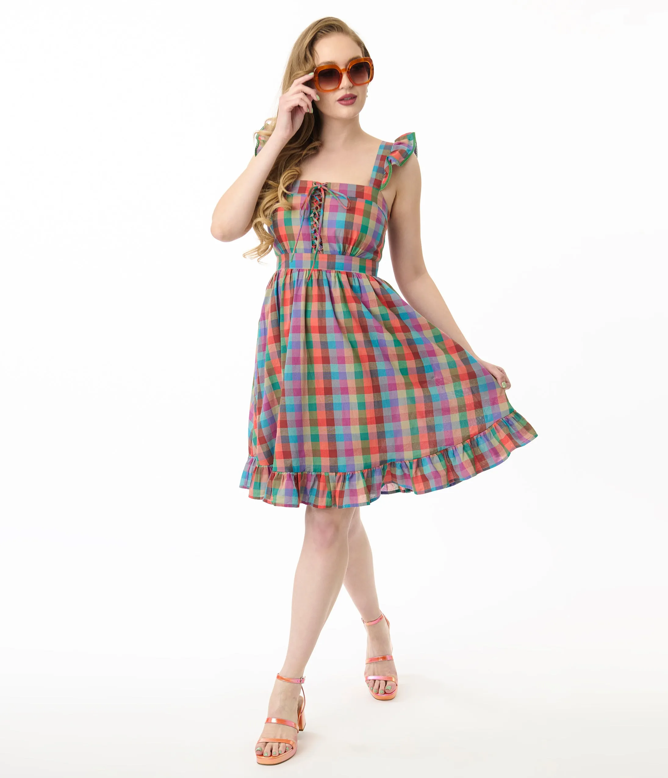 Smak Parlour Rainbow Plaid Corset Fit & Flare Dress sold by Unique Vintage