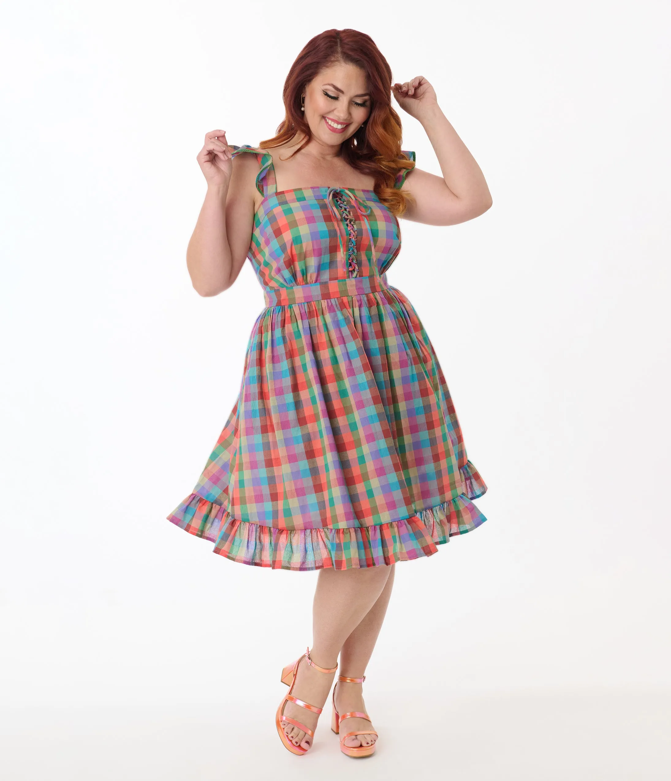 Smak Parlour Plus Size Rainbow Plaid Corset Fit & Flare Dress sold by Unique Vintage