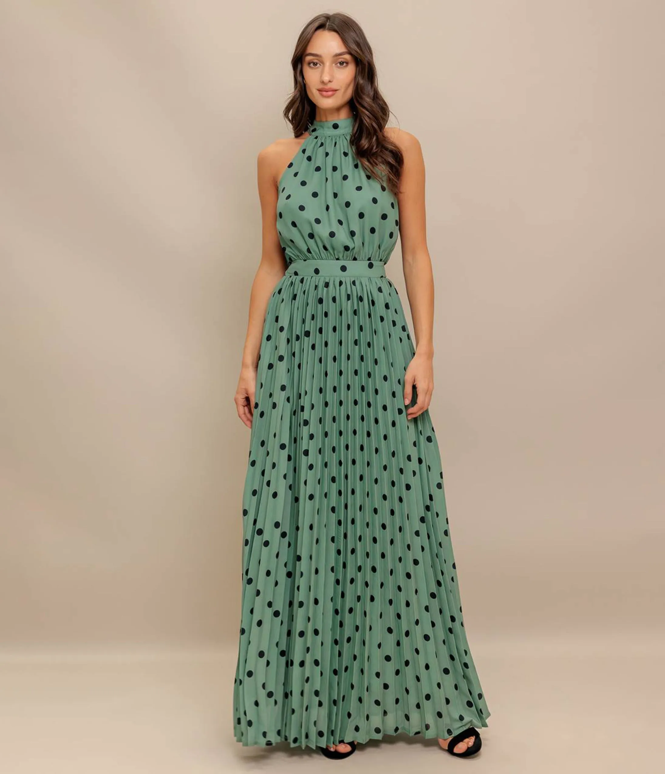 Sage Green & Black Polka Dot Maxi Dress sold by Unique Vintage