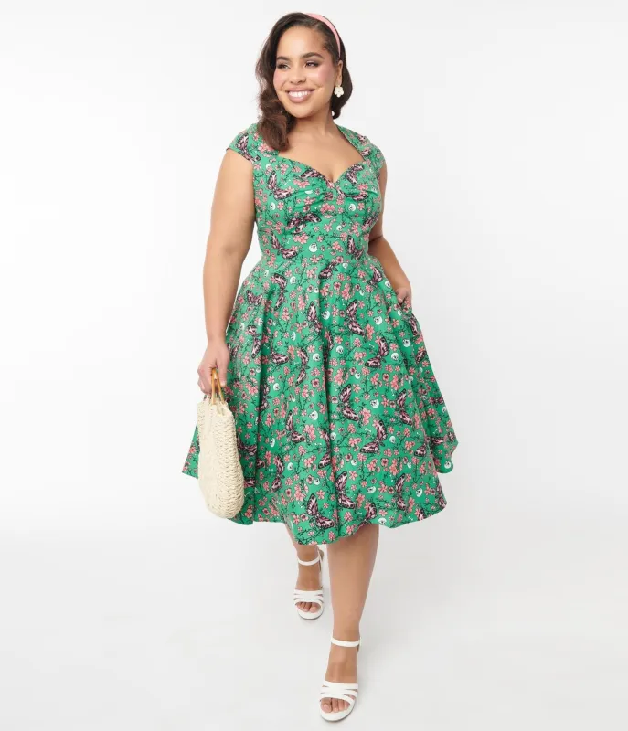 Hell Bunny Green Skull & Moths Floral Madilynn Midi Dress sold by Unique Vintage