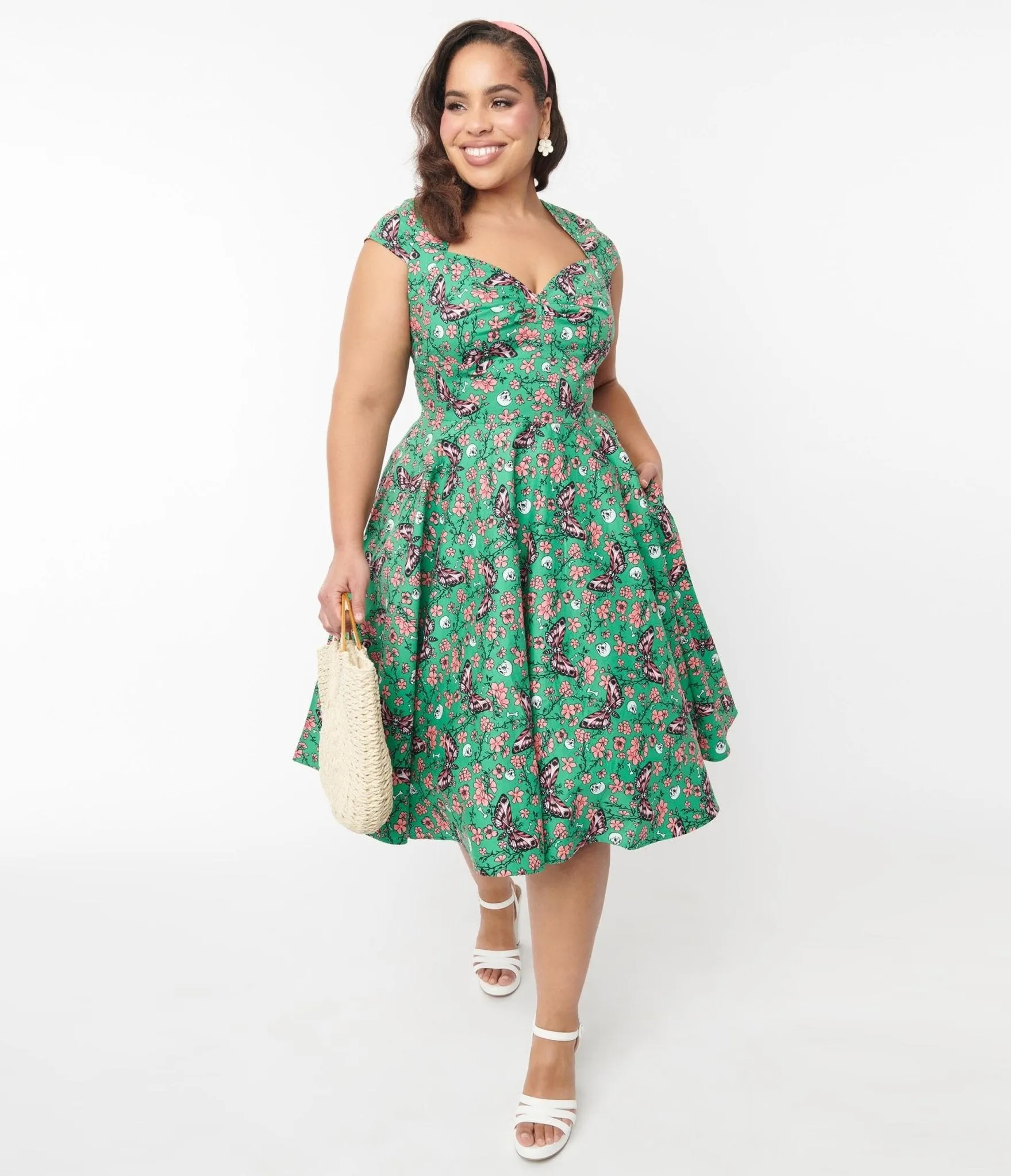 Hell Bunny Green Skull & Moths Floral Madilynn Midi Dress sold by Unique Vintage