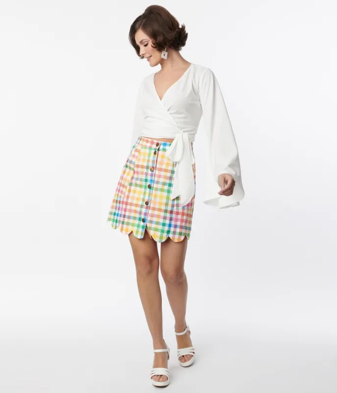 Smak Parlour 1970s Rainbow Gingham Campus Mini Skirt sold by Unique Vintage