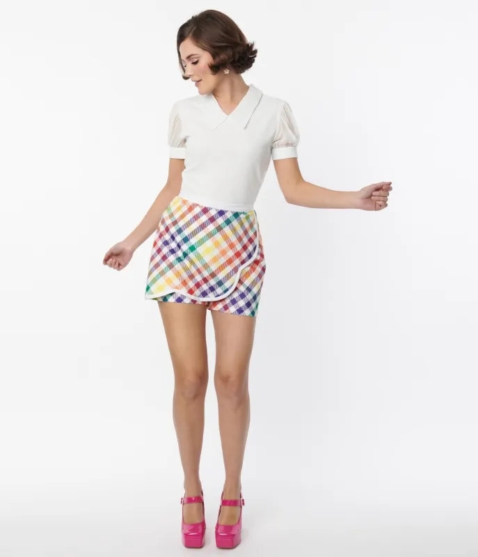 Smak Parlour Rainbow Gingham Faux Wrap Scalloped Skort sold by Unique Vintage