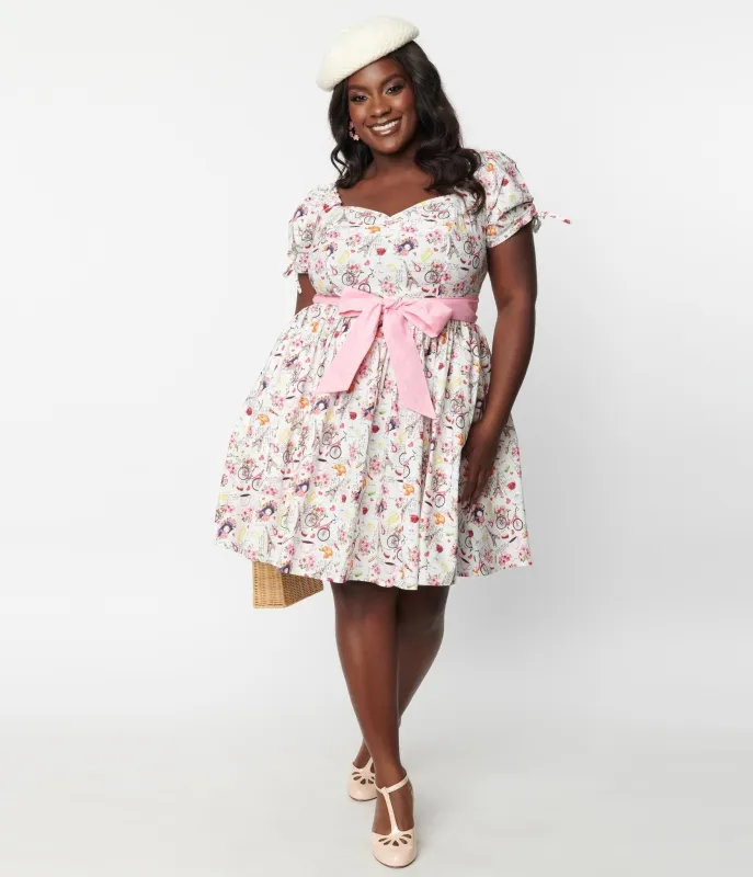 Unique Vintage Plus Size White & Pink Paris Print Dakota Flare Dress sold by Unique Vintage