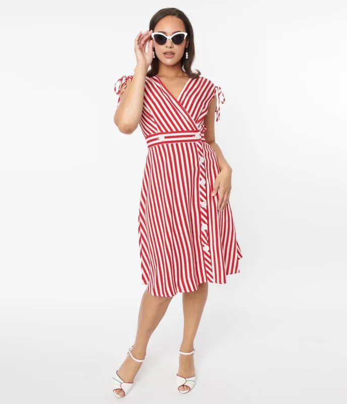 Voodoo Vixen 1940s Red & White Striped Flare Dress sold by Unique Vintage