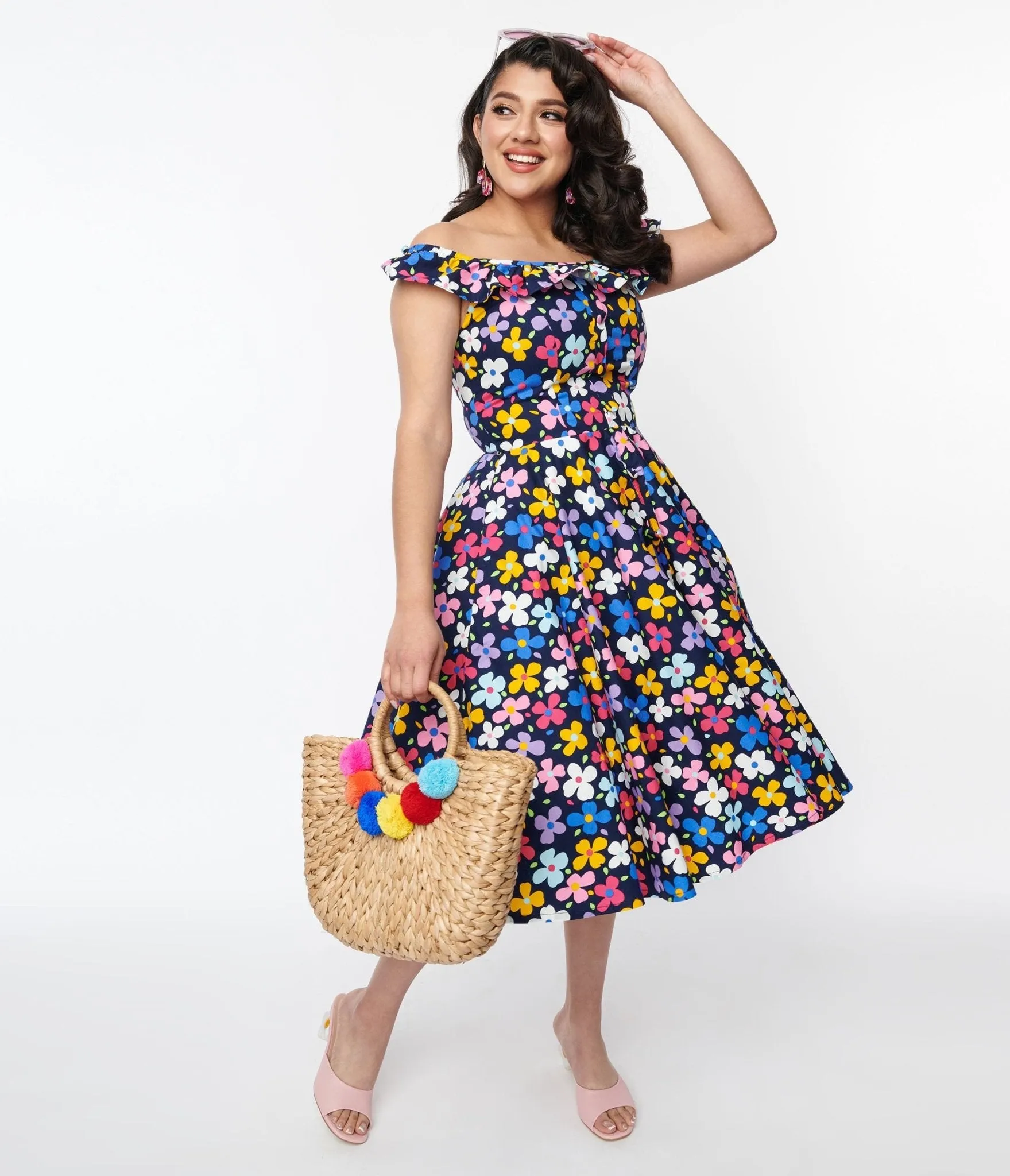 Magnolia Place Navy & Multicolor Floral Barbara Swing Dress sold by Unique Vintage